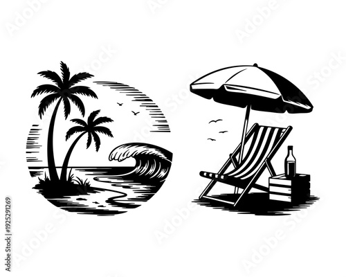 Black and white illustration of a beach scene with palm trees umbrella and lounge chair by the ocean shore
