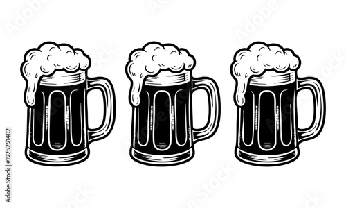 Three traditional british beer mugs with handles and frothy foam on top in a row on white background