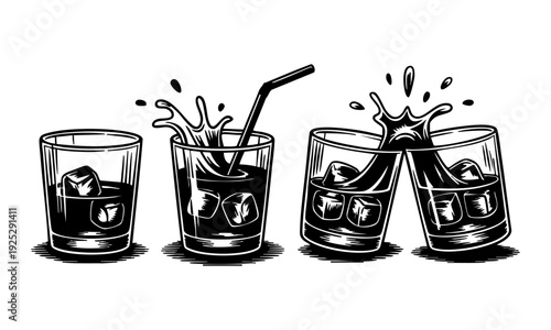 Four glasses of whiskey with ice and straw being poured and splashing