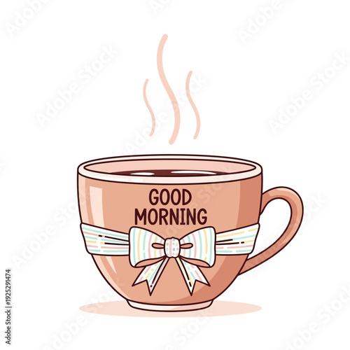 Cozy Good Morning Coffee Cup with Bow, Steaming Hot Beverage