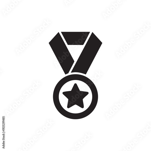 A black star-shaped medal with ribbon icon illustration on a simple background from a front viewpoint