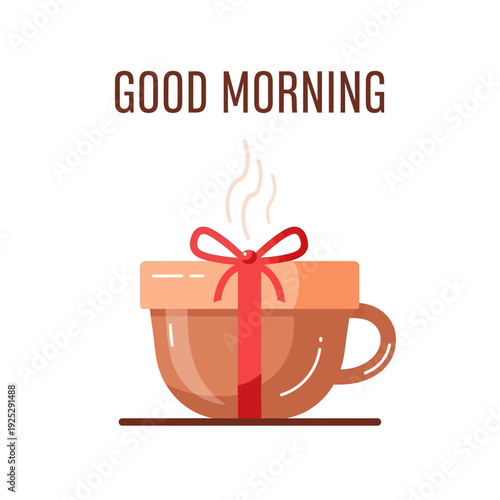 Good Morning Coffee Cup Gift Wrapped with Red Ribbon, Steaming Hot Beverage