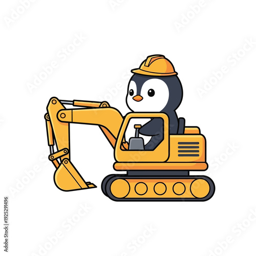 Cute penguin wearing hard hat driving an excavator construction machine
