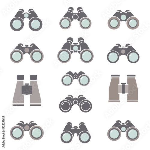 Collection of various binocular styles displayed in a grid pattern on a neutral background