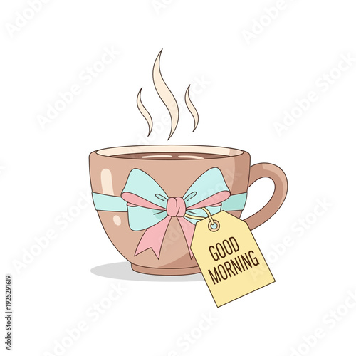 Cozy Morning Coffee Cup with Bow and "Good Morning" Tag, Steaming Hot Beverage