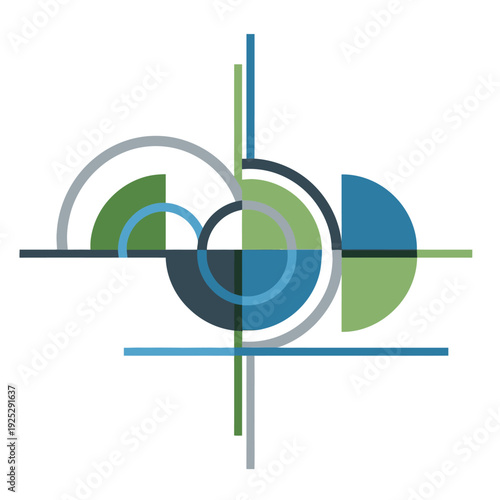 Abstract geometric composition with circles, lines, and semicircles in blue, green, and gray.