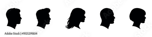 Collection of diverse human head profiles in silhouette representing different genders and hairstyles suitable for user icons, identity representation, and demographic studies