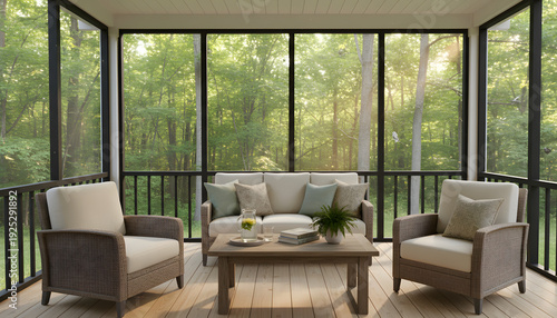 Serene Screened Porch Retreat: A tranquil outdoor living space, featuring comfortable seating, a coffee table, and verdant views of the surrounding trees. 