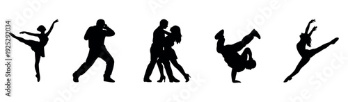 Dynamic collection of dance silhouettes featuring ballet, street dance, and partner choreography, ideal for creative projects, cultural event marketing, and active lifestyle content