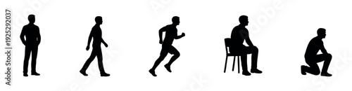 Versatile collection of male human figure silhouettes depicting various actions including standing, walking, running, sitting, and kneeling, ideal for diagrams, infographics, and
