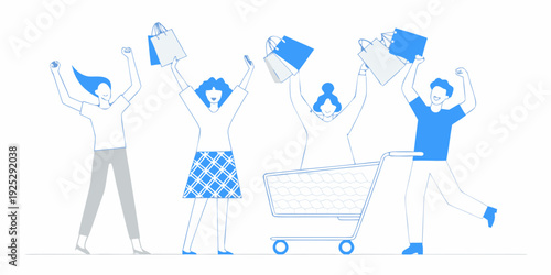 Joyful people celebrate shopping with bags and a full shopping cart