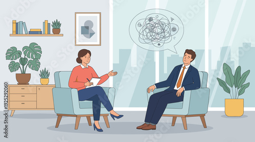 Professional female therapist taking notes during psychological consultation session with stressed male patient in modern office flat vector illustration