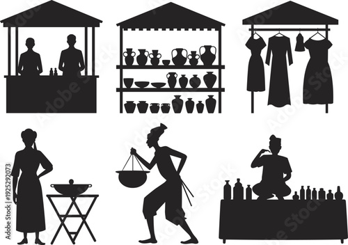 Black vector silhouette set of traditional street market vendors with pottery stalls clothing racks food stands and merchants for local commerce and cultural branding
