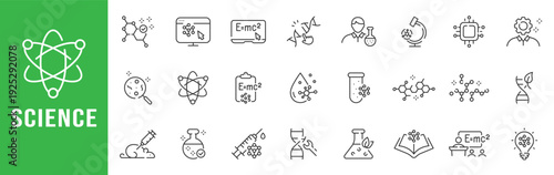 Science outline icon set featuring molecule, DNA, atom, flask, microchip, classroom formula symbols for research, education, technology innovation laboratory stem.