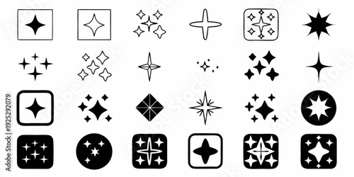Collection of diverse black sparkle and star shaped design elements