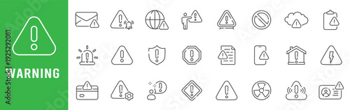 Warning and alert outline icon set with caution triangles, error notifications, emergency alarms, radiation, lightning, cloud, email, document symbols system.