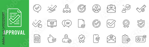 Approval outline icon set with checkmark, verified badge, document checklist, email OK, rating, certified shield, editable stroke line icons vector.
