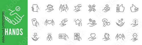 Outline hands icon set showing handshake, support, donation, mobile, home, health, love, teamwork, security, global service, editable stroke, vector, line.