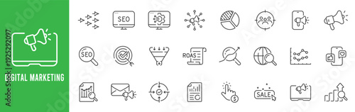 Digital marketing outline icons for SEO analytics, PPC campaigns, conversion funnel, email outreach, sales growth, editable stroke line set vector.