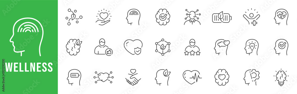 Obraz premium Wellness outline icons for mental health, mindfulness, selfcare, therapy, stress balance, heart and brain care, editable stroke set vector line