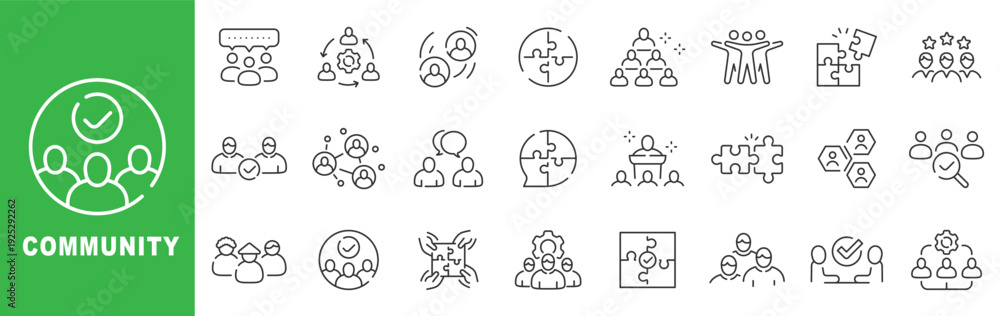 Obraz premium Community outline icons show teamwork, collaboration, networking, chat, inclusion, volunteers, puzzle integration, feedback rating, verified checkmark, editable stroke design set.
