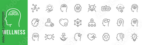 Wellness outline icons for mental health, mindfulness, selfcare, therapy, stress balance, heart and brain care, editable stroke set vector line