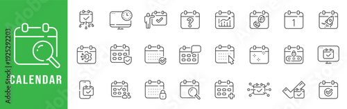 Calendar scheduling outline icon set for planning appointments, reminders, tasks, deadlines, secure booking, search, analytics, editable stroke line vector.