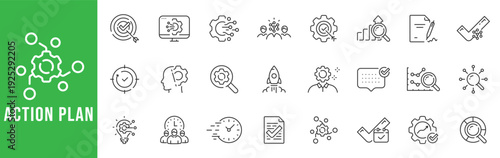 Action plan outline icons for strategy roadmap, checklist timeline, analytics dashboard, teamwork, launch, approval checkmark, editable stroke vector workflow optimization.