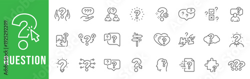Question mark outline icons for FAQ support, inquiry, troubleshooting, chat, survey, puzzle, decision, helpdesk UI, editable stroke vector set modern.