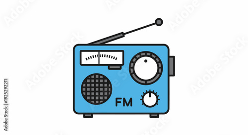 Vintage Style Blue FM Radio Illustration with Antenna and Controls.