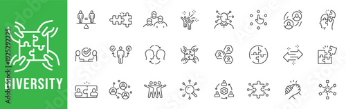 Diversity inclusion outline icons showing puzzle teamwork, equality, collaboration, community support, integration, engagement, people network, editable stroke line set.