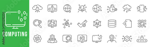 Computing outline icon set with cloud, AI, database, encryption, analytics, cybersecurity, network security, editable stroke line vector symbols modern interface