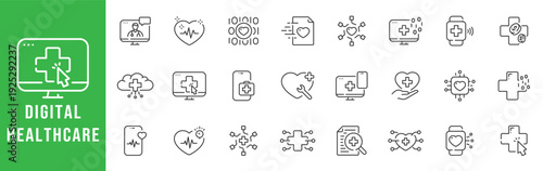 Digital healthcare line icon set for telemedicine, patient monitoring, EHR records, wearable ECG, cloud security, payments, editable stroke vector UI.
