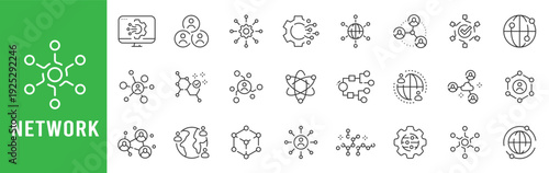 Outline network icon set featuring global connectivity, social nodes, cloud data links, blockchain, circuit chip, collaboration diagrams, editable stroke modern.