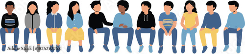 Diverse Group of Children and Teenagers Sitting Together in a Row, Minimalist Vector Illustration of Multicultural Youth Community Unity