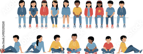 Vector illustration of diverse children and students sitting in rows wearing colorful casual clothes and hoodies on white background