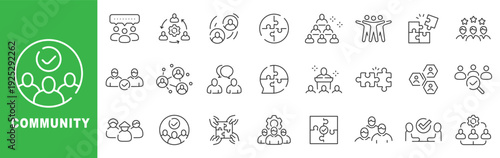Community outline icons show teamwork, collaboration, networking, chat, inclusion, volunteers, puzzle integration, feedback rating, verified checkmark, editable stroke design set.