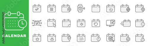 Calendar scheduling icon set for appointments, reminders, deadlines, booking, search, settings, checkmark confirmation, editable stroke outline line style modern ui.