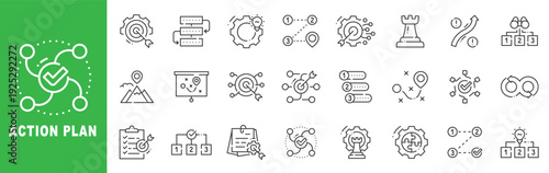Action plan outline icons for strategy, roadmap, checklist, timeline, target goals, workflow steps, project management, editable stroke line vector set.