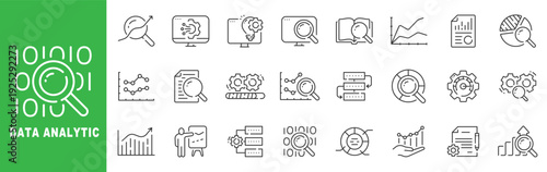 Data analytics outline icons with charts, dashboards, search, reports, workflow, optimization, KPI growth, editable stroke line vector set business insights.