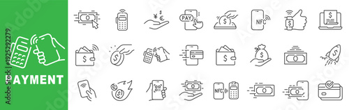 Payment outline icons featuring contactless NFC, mobile wallet, POS terminal, online checkout, secure transactions, currency transfer, editable stroke design set.