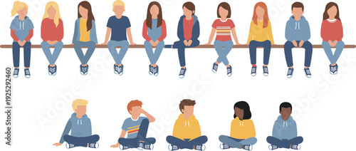 Diverse Group of Children and Teenagers Sitting Together on a Bench and Floor, Flat Vector Illustration for Education