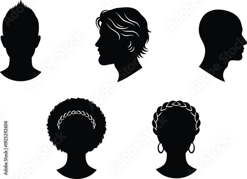 Diverse set of male and female profile silhouettes featuring various hairstyles, including braids, curls, mohawks, and elegant braided updos