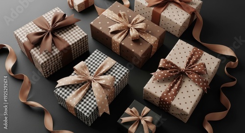 Wrapped gifts w/ ribbons on dark surface, top-down view