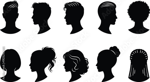 Set of male and female hair style silhouette icons, diverse haircut profile collection for beauty salon and barber shop