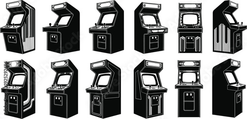Black vector silhouette set of twelve diverse vintage arcade machine cabinets for retro gaming culture video game room branding and nostalgic entertainment center advertising