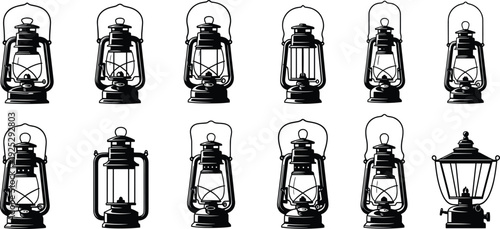 Black vector silhouette set of twelve diverse vintage oil lanterns and kerosene lamps with handles and glass chambers for rustic lighting and camping branding
