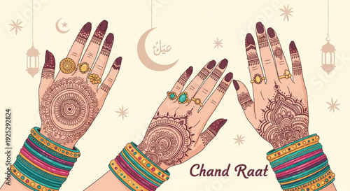 Henna hands celebrate chand raat with jewelry and lanterns