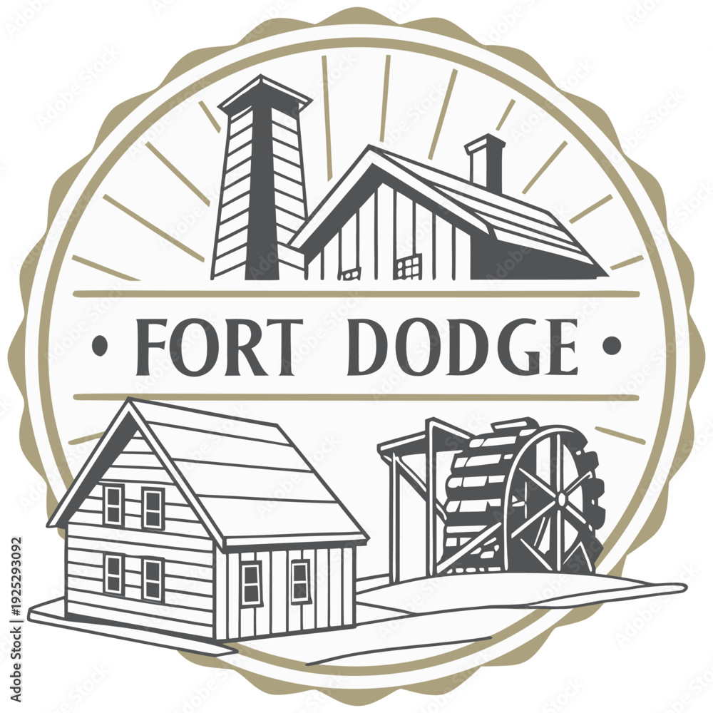 Naklejka premium Fort Dodge Heritage Landmarks and Water Wheel Emblem