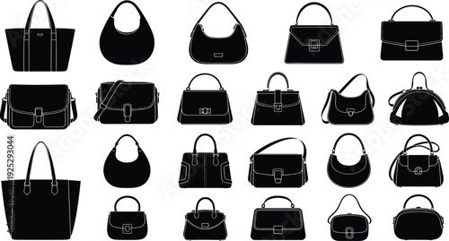 Black vector silhouette set of twenty diverse women handbags including tote bags satchels hobo bags and formal clutches for fashion retail branding and accessory advertising